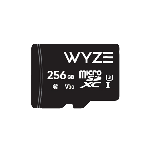 Black 256GB microSD card with the Wyze logo on it. Includes Class 10 and UHS-3 (U3) labelling.