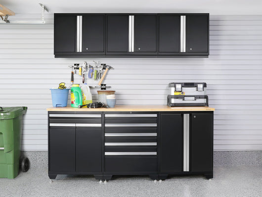 Pro Series 14 Piece Cabinet Set with Lockers, Base, Wall, Tool Drawer Cabinets and 56 in. Worktop