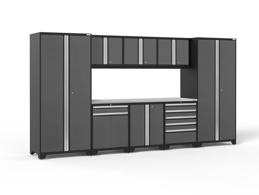 Pro Series 9 Piece Cabinet Set with Wall, Base, Tool Drawer, Multi-Function Cabinet, Lockers, and 84 in. Worktop