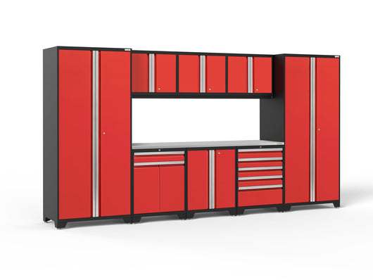 Pro Series 9 Piece Cabinet Set with Wall, Base, Tool Drawer, Multi-Function Cabinet, Lockers, and 84 in. Worktop