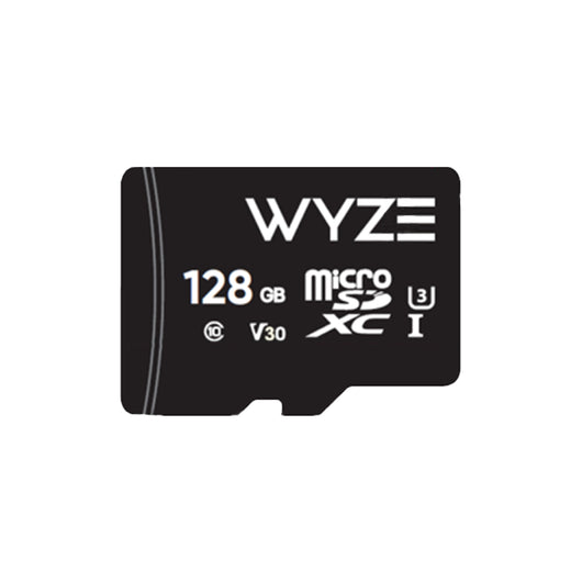 Black 128B microSD card with the Wyze logo on it. Includes Class 10 and UHS-3 (U3) labelling.