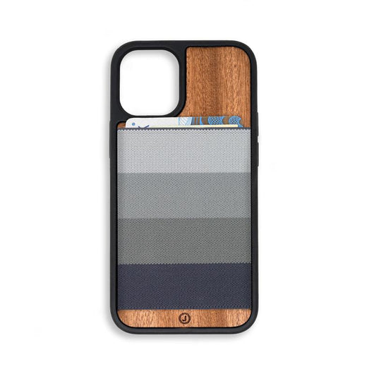  Brown wooden phone case with a gray striped elastic wallet on the back. 