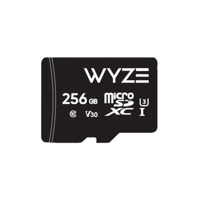 Black 256GB microSD card with the Wyze logo on it. Includes Class 10 and UHS-3 (U3) labelling. 