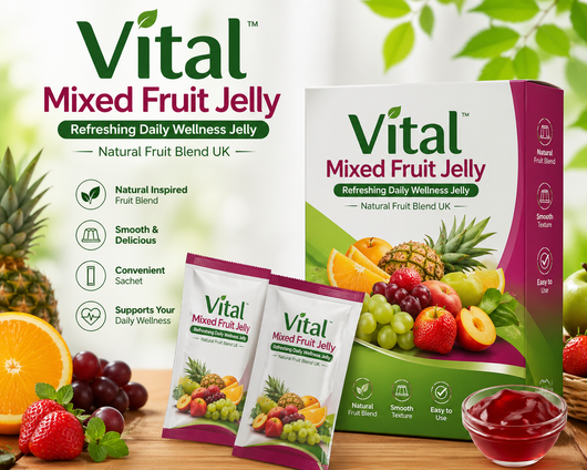 Vital Mixed Fruit Jelly packaging with fruit illustrations on a wooden surface.