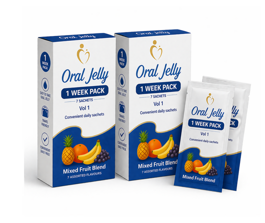 Oral Jelly packaging for a 1 week pack of mixed fruit blend on a white background