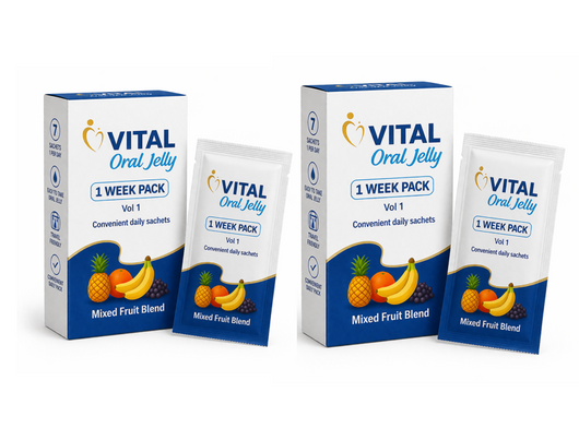 Vital Oral Jelly packaging for a 1-week pack with mixed fruit blend on a white background
