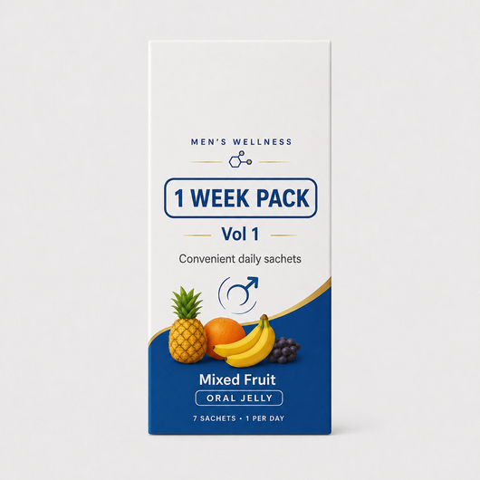 A tall rectangular product box for a men's wellness oral jelly 1-week pack, Vol 1. The packaging is primarily white with a blue lower section and blue text, featuring illustrations of various fruits (pineapple, orange, bananas, and grapes).
